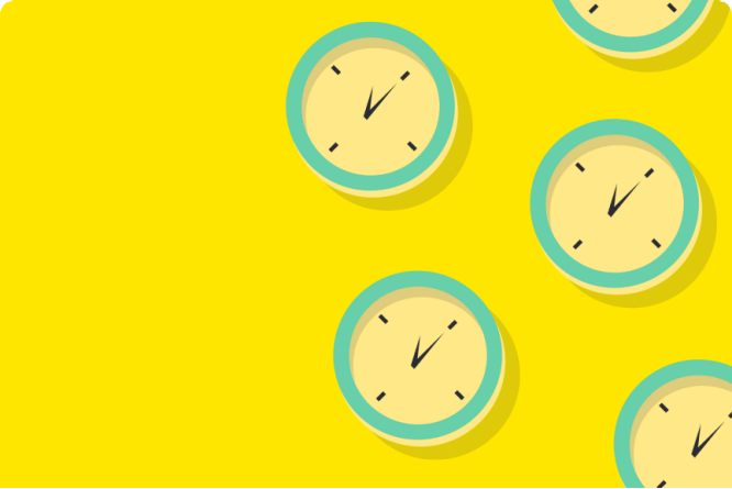 Vibrant yellow background showcasing a Working Hours illustration, featuring four clocks.