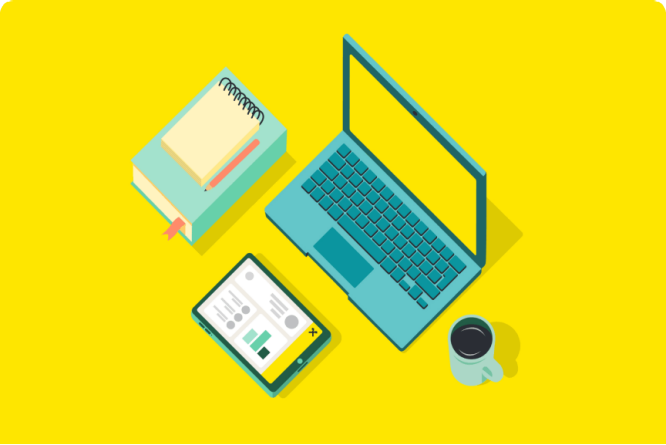 An illustration of a laptop, notebook, and coffee cup on a yellow background. Symbolizing learning opportunities.