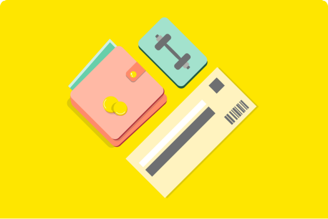 Yellow background with wallet, barcode, and scanner. My benefit system illustration.