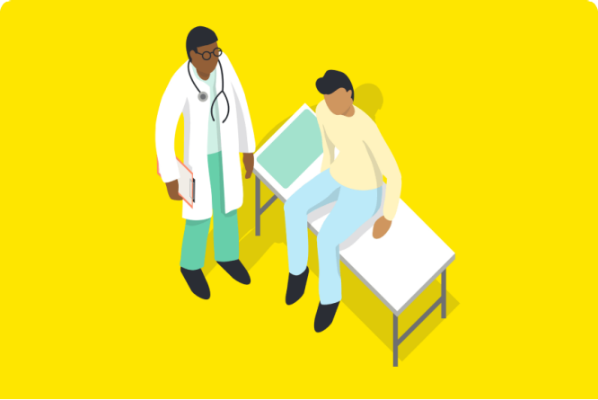 A doctor consulting with a patient on a table. Health care and well being illustration.